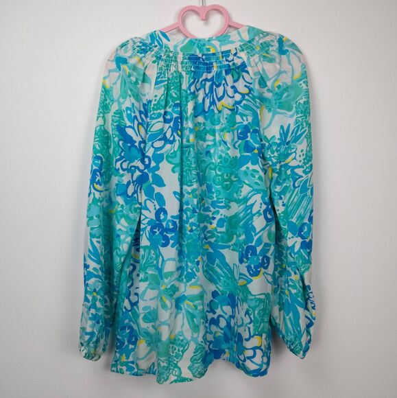 Lilly Pulitzer Silk Blue Floral Blouse – Long‎ Sleeve – Coastal Preppy – Small - Picture 2 of 7